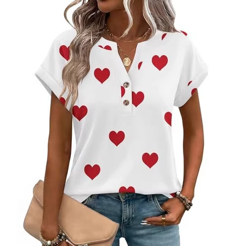 Women's Heart Floral Print V-Neck Short Sleeve T-Shirt