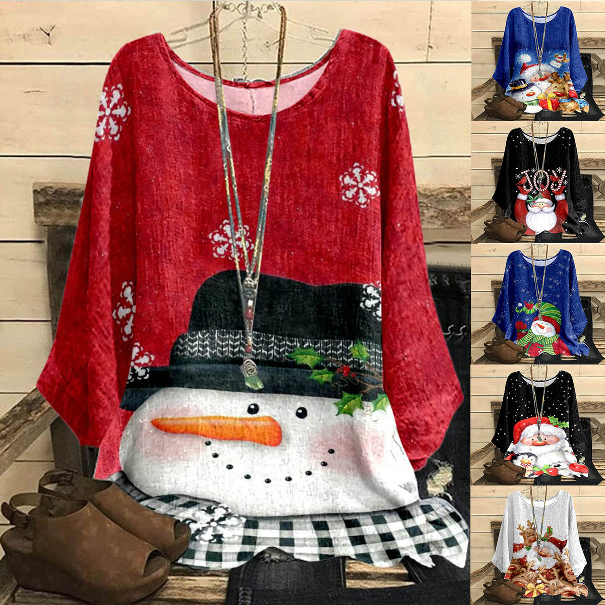 Christmas Cotton-Linen Geometric Print Loose Vintage Top