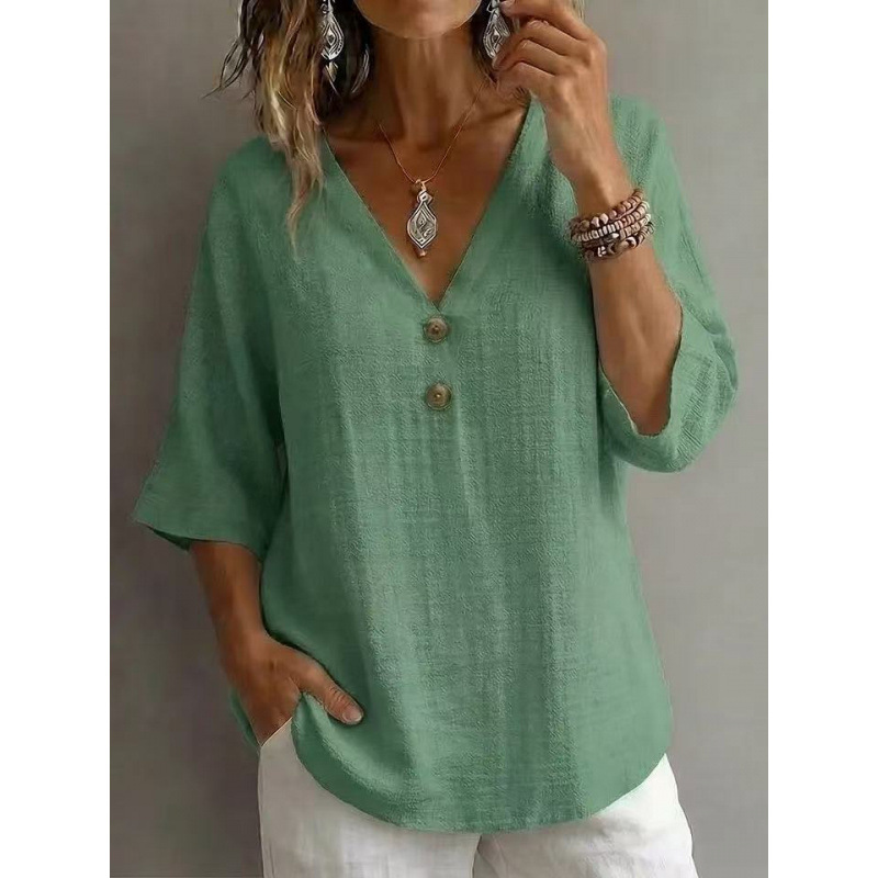 Women's Cotton-Blend French V-Neck Button-Trim 3/4-Sleeve Loose Top