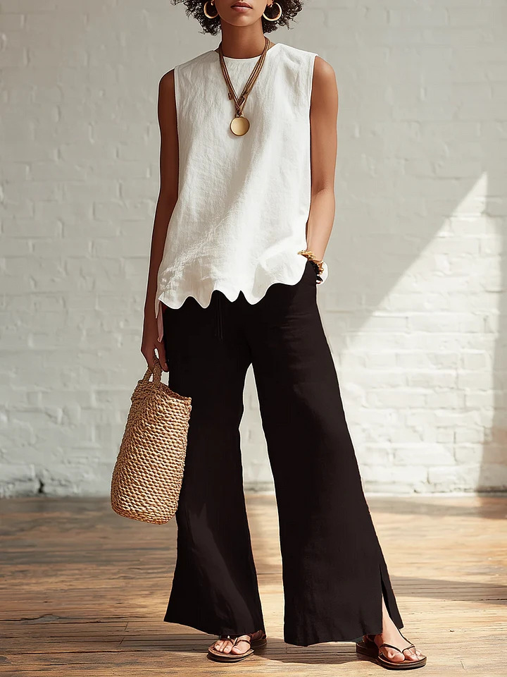 Solid Crewneck Sleeveless Wavy Hem Blouse