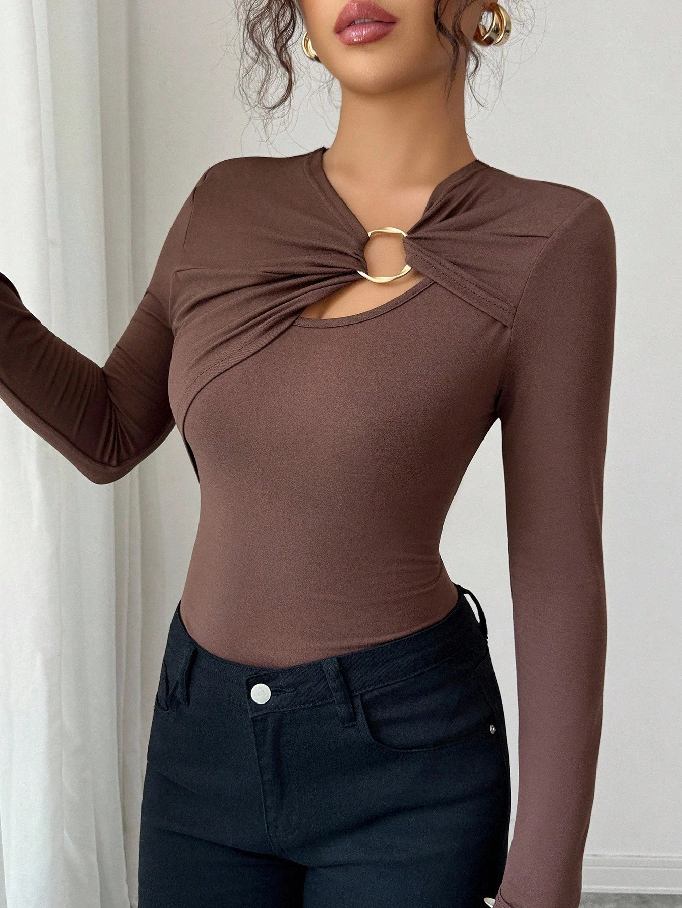 Asymmetric Cutout Metal-Trim Slim-Fit Women's Top