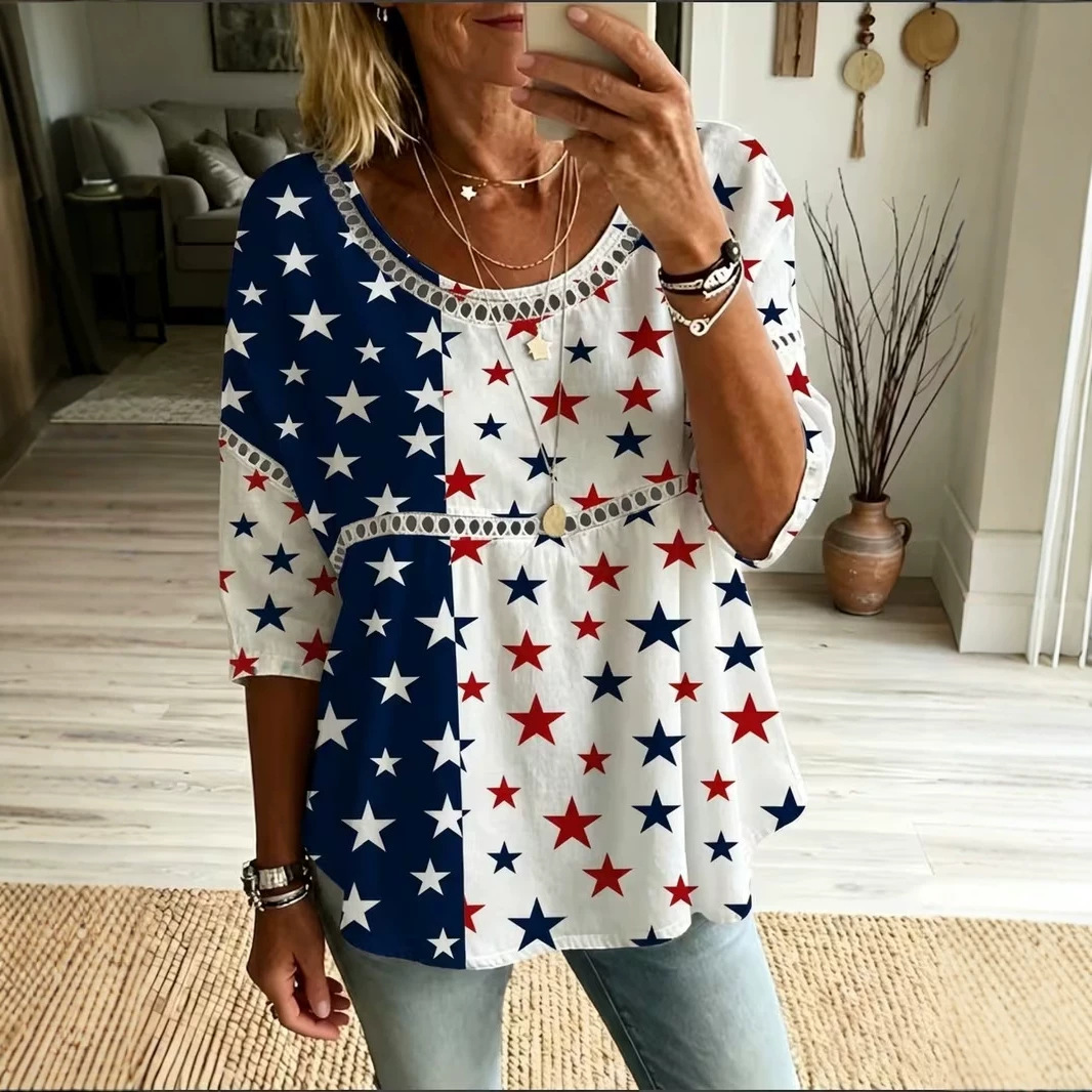 Plaid Floral Star Print Long Sleeve Women's Top