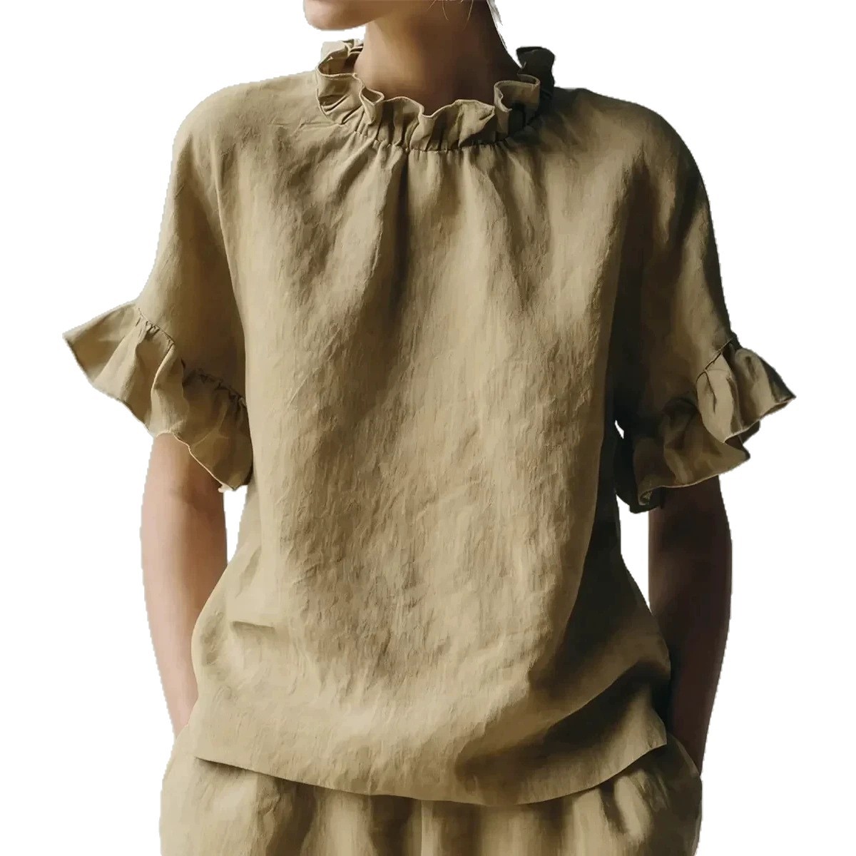 Women's Summer Solid Color Ruffle Short Sleeve Loose Casual Top