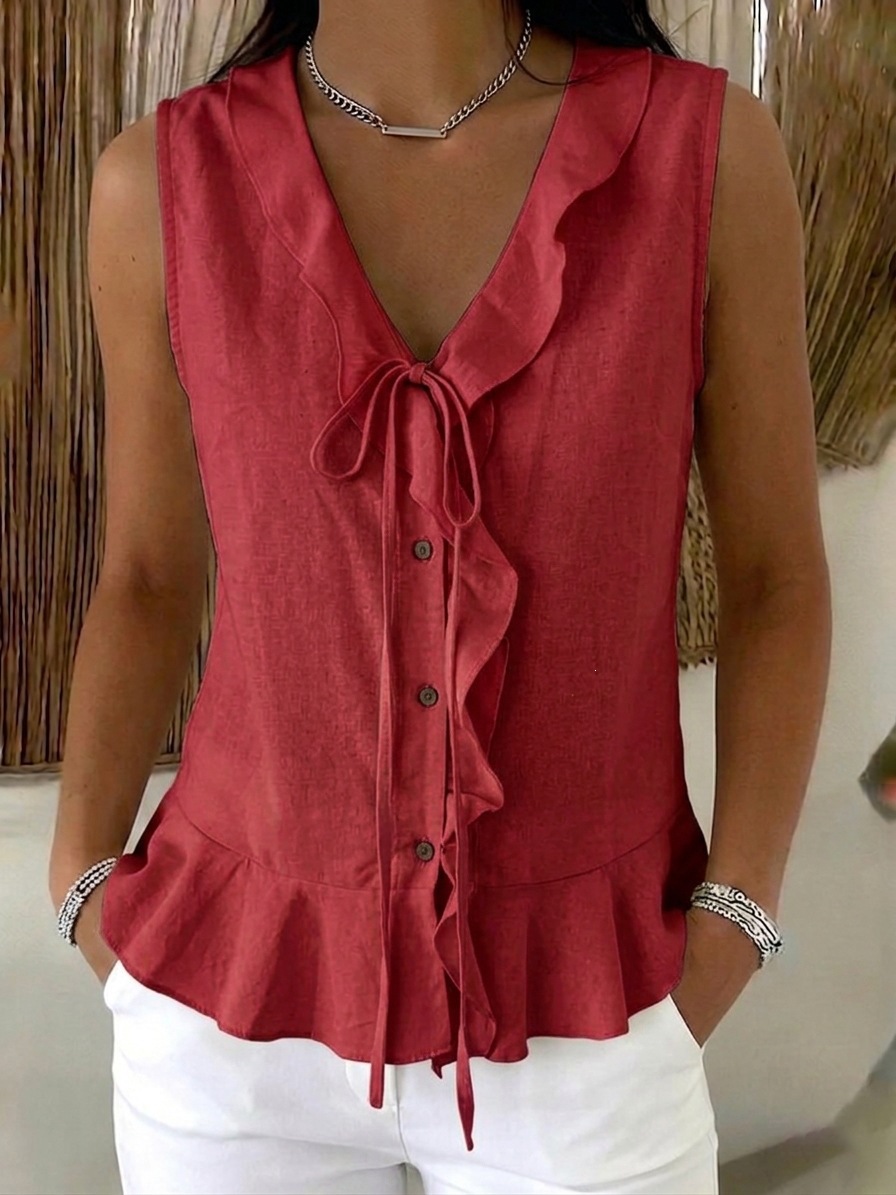 V-Neck Ruffle Tie Sleeveless Tank Top with Ruffle Hem Casual Women's Blouse