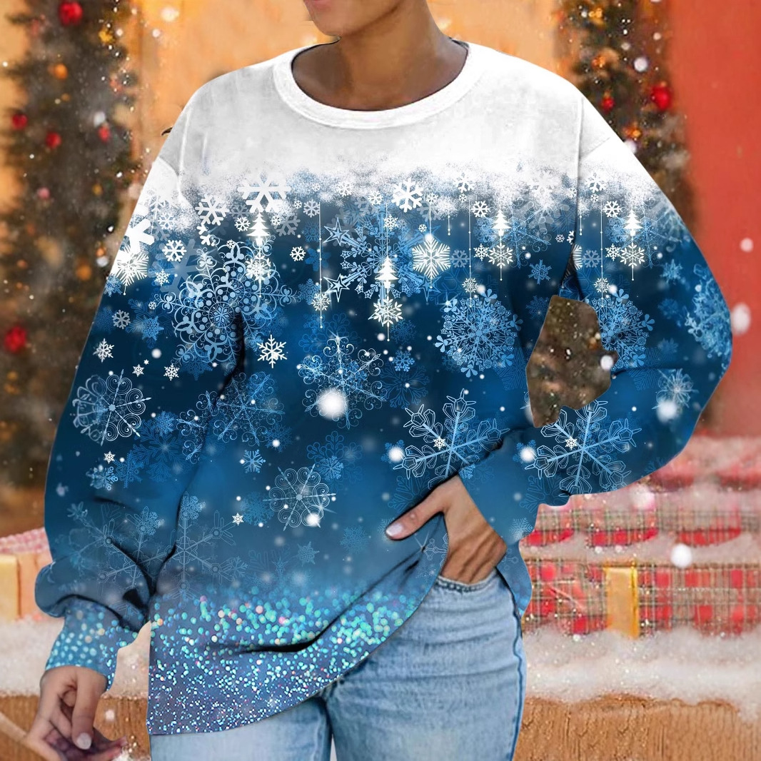 Christmas Snowflake Print Loose Crewneck Sweatshirt