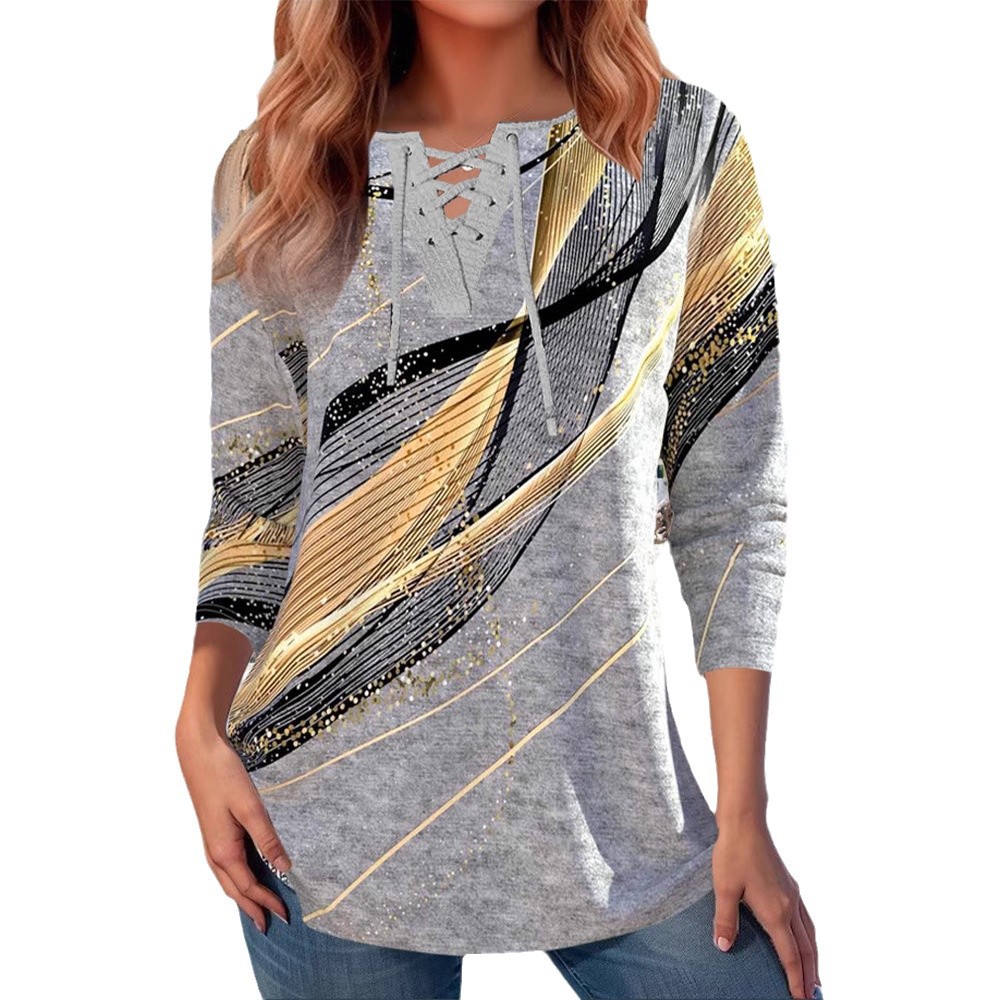 Striped V-Neck Long Sleeve Print T-Shirt Women's Loose Fit