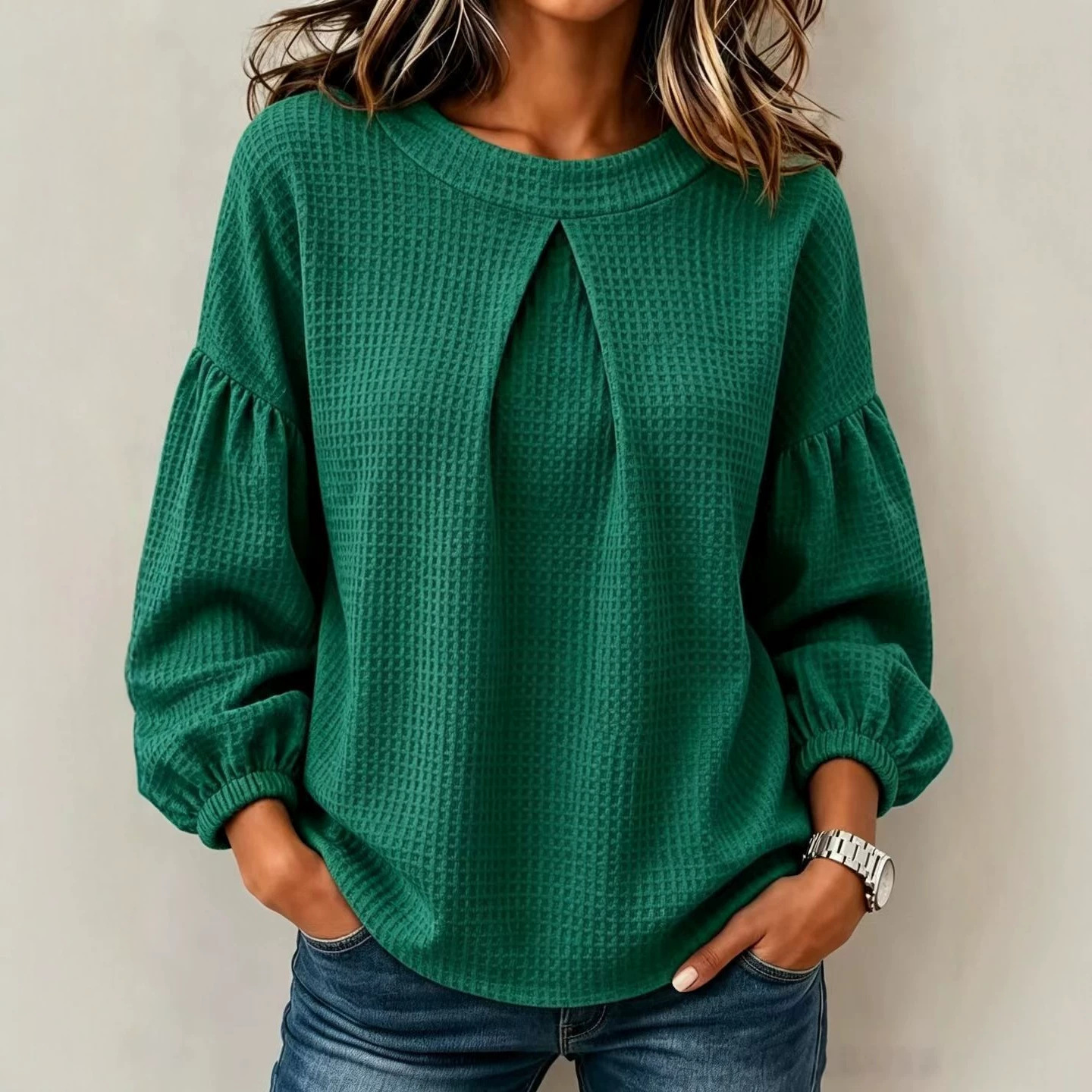 Women's Waffle Knit Crewneck Lantern Sleeve Loose Fit T-Shirt