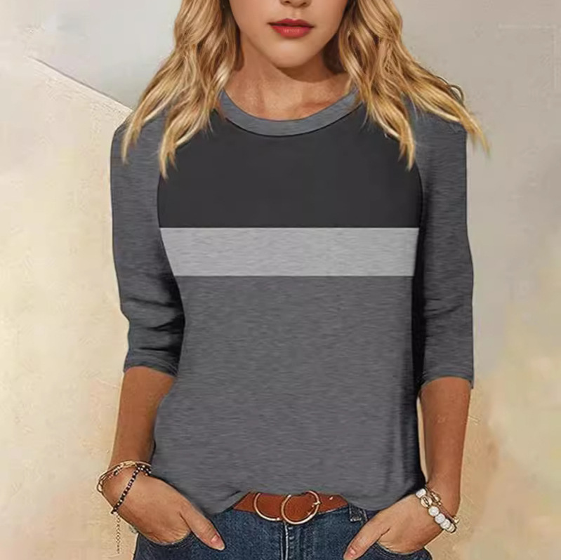 Women's Colorblock Seven-Sleeve Crewneck T-Shirt Casual Top