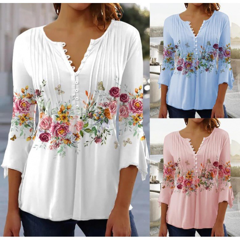 Floral Print V-Neck Short Sleeve Pleated Button T-Shirt