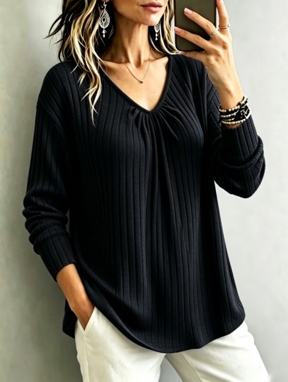V-Neck Ribbed Brushed Long-Sleeve Loose Casual Top for Women
