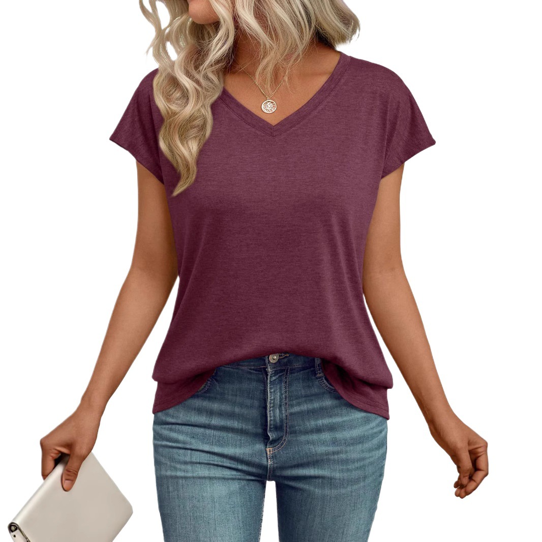 Women's Solid V-Neck Short Sleeve Loose Casual T-Shirt