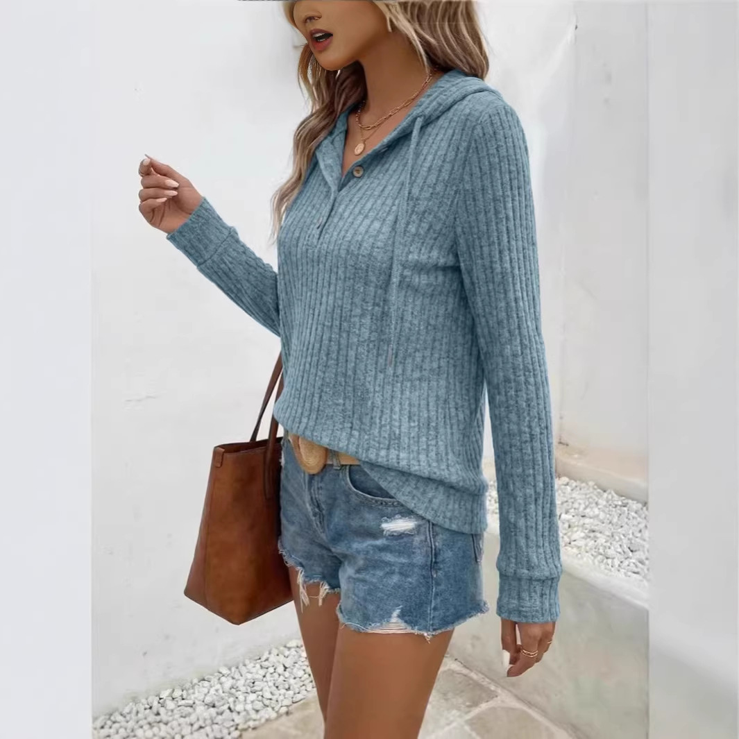 Solid V-Neck Button Hooded Brushed T-Shirt
