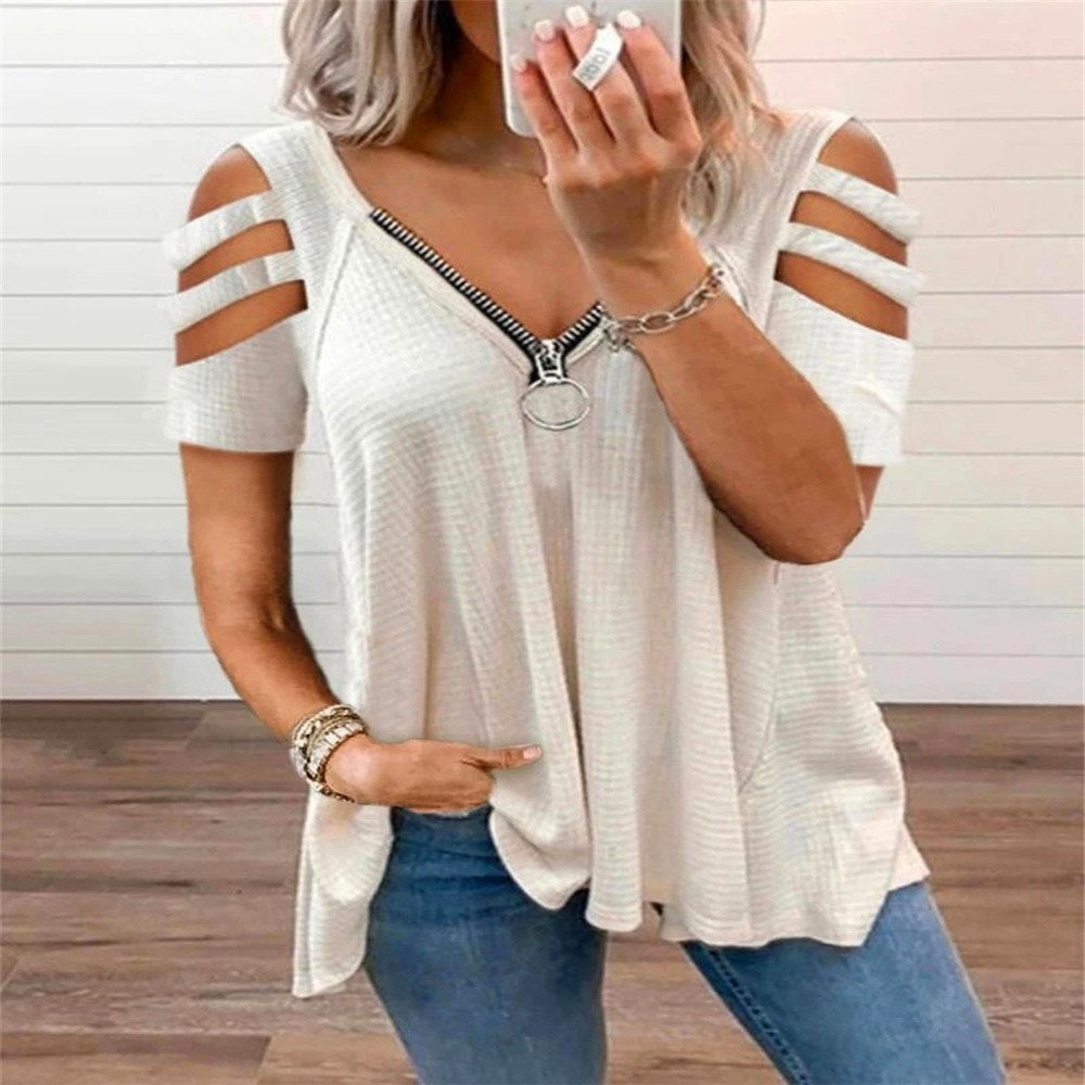 Women's Cold-Shoulder Short-Sleeve V-Neck Zip Solid T-Shirt Top