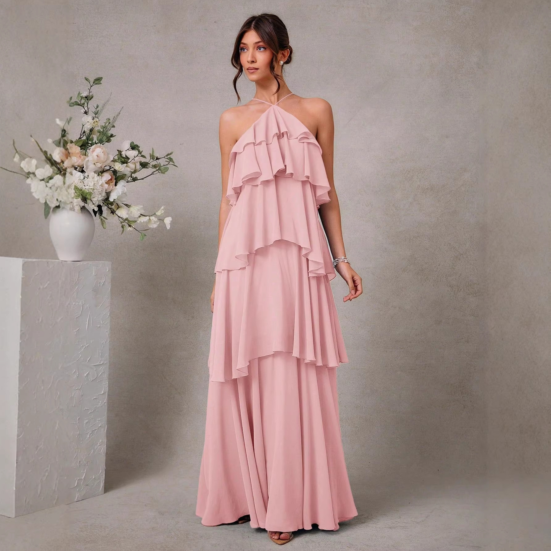 Halter Neck Ruched Open Back Asymmetric Ruffle Maxi Dress