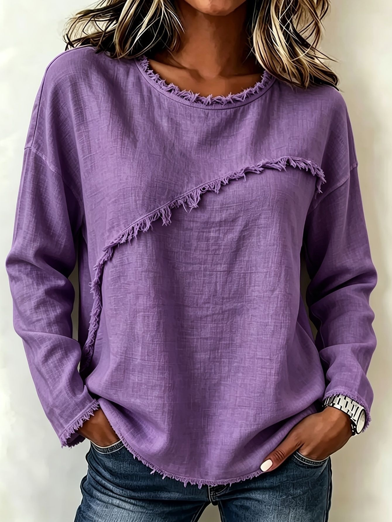 Women's Round Neck Faux Fur Trim Long Sleeve T-Shirt Solid Color Top