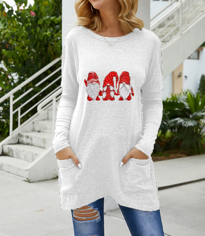 Santa Print Loose Long-Sleeve T-Shirt for Women