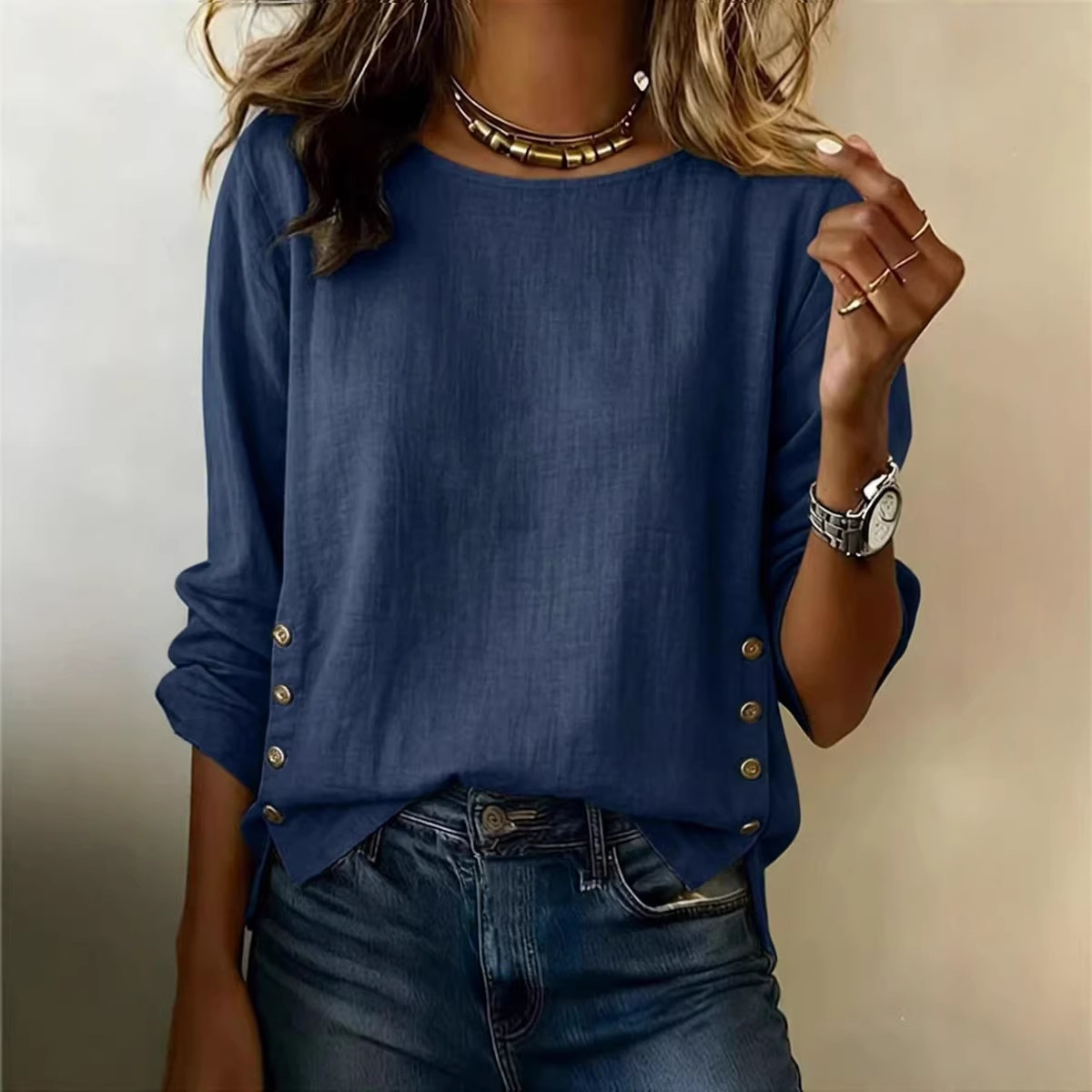Women's Summer Cotton-Linen Crewneck Loose Casual T-Shirt