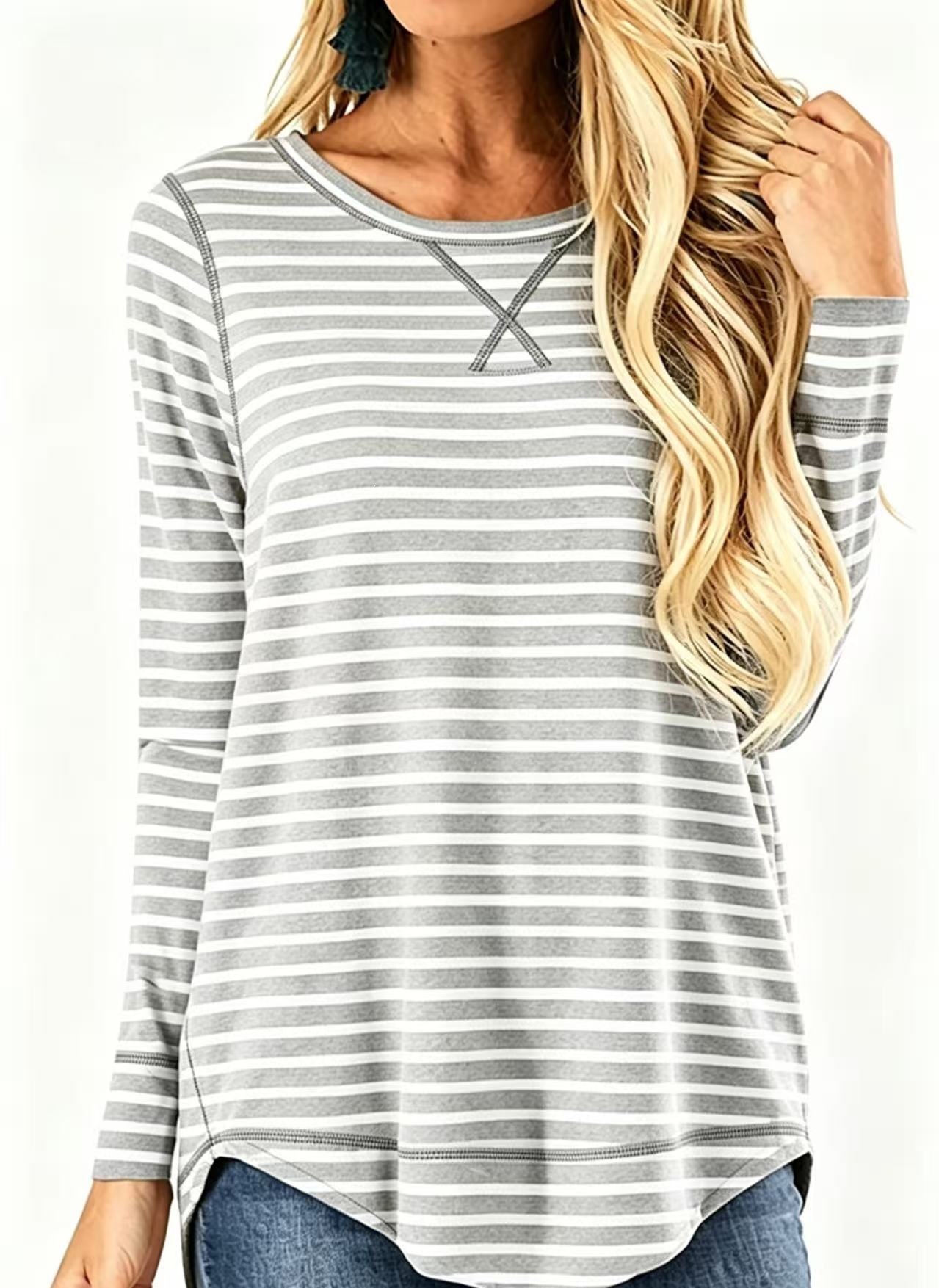 Women's Crewneck Long Sleeve T-Shirt Solid Loose High-Low Hem Casual Top