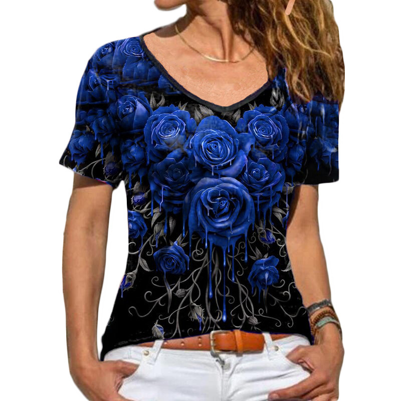 Women's Short Sleeve Rose Print T-Shirt Casual Round Neck Top