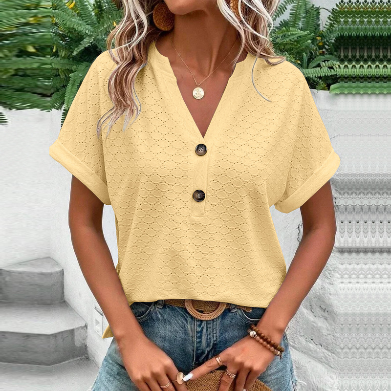 Women's Casual Solid Button V-Neck Short Sleeve T-Shirt