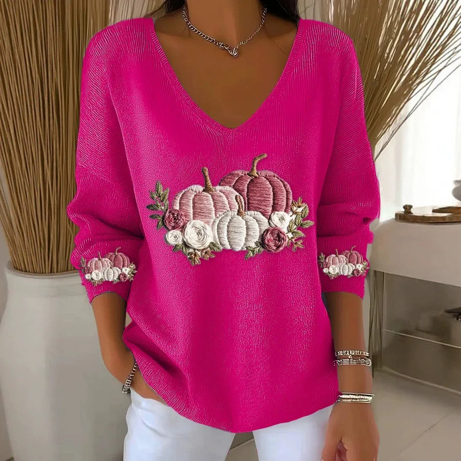 Pumpkin Print V-Neck Long Sleeve Women's Top