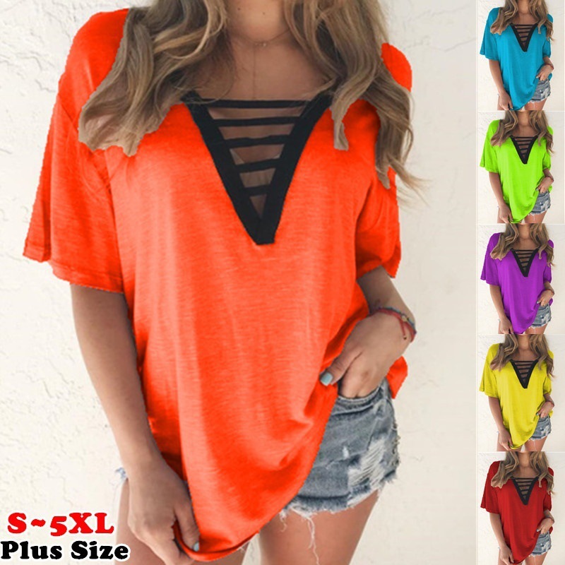 Women's V-Neck Short Sleeve T-Shirt Summer Plus Size Solid Color Top