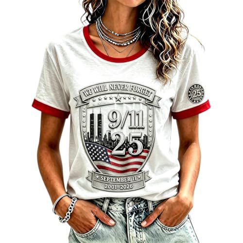 911 Twin Towers Ribbon Flag Print Short Sleeve T-Shirt