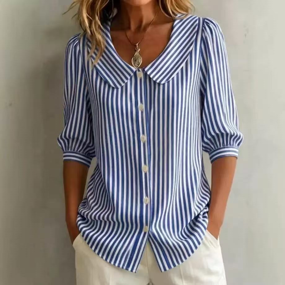 Striped V-Neck Half-Sleeve Blouse Top for Women