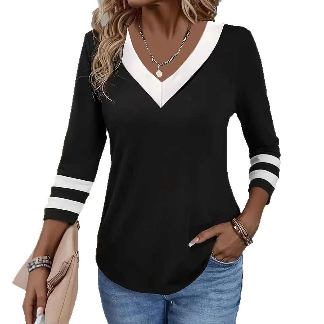 Colorblock Long Sleeve V-Neck T-Shirt