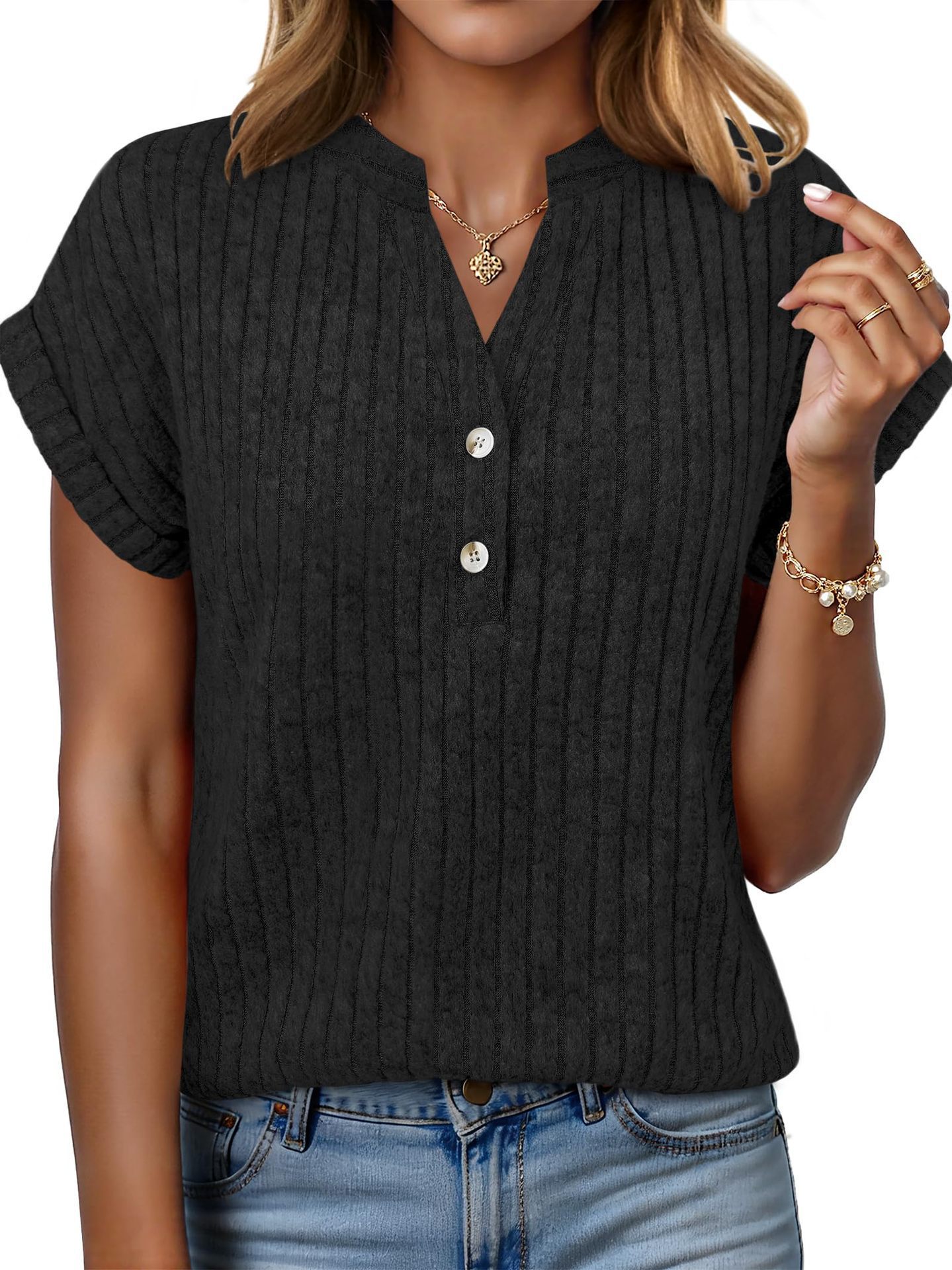 Brushed Ribbed V-Neck Batwing Short-Sleeve Top