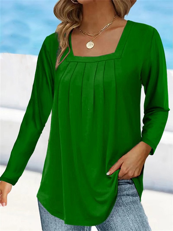 Women's Ruched Square Neck Long Sleeve Cotton-Blend T-Shirt