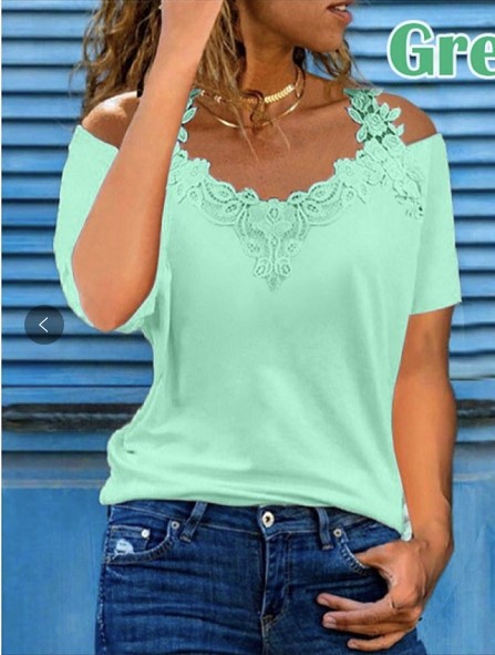 V-Neck Lace Panel Short Sleeve Loose Casual T-Shirt for Women