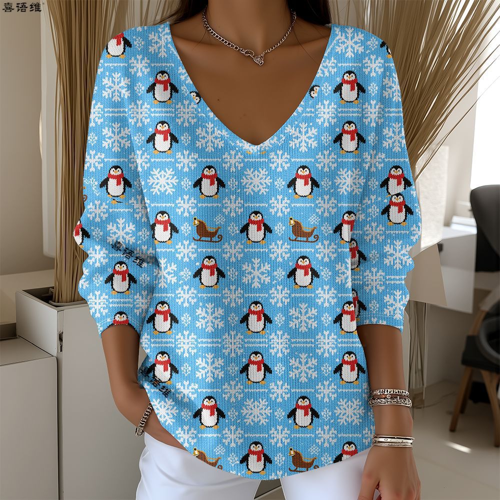 Christmas Snowman Reindeer Bow Print V-Neck Long Sleeve T-Shirt