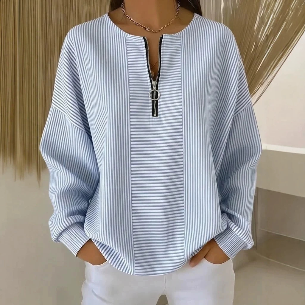 Striped Zip-Up Long-Sleeve Loose Drop-Shoulder Crewneck T-Shirt for Women