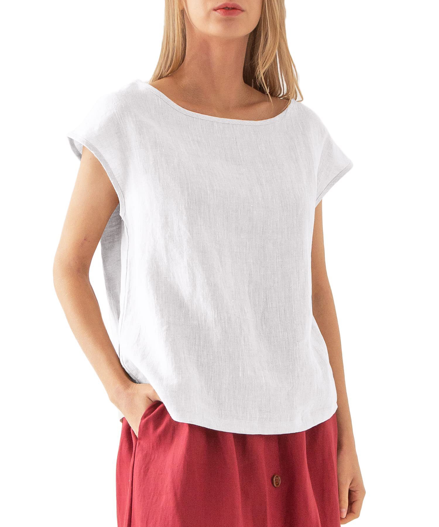 Women's Linen Short Sleeve Crewneck T-Shirt Solid Color Loose Fit