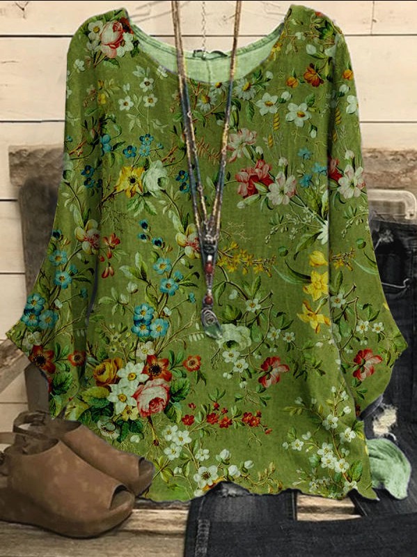 Women's Cotton-Linen Print Round Neck Loose Vintage Top