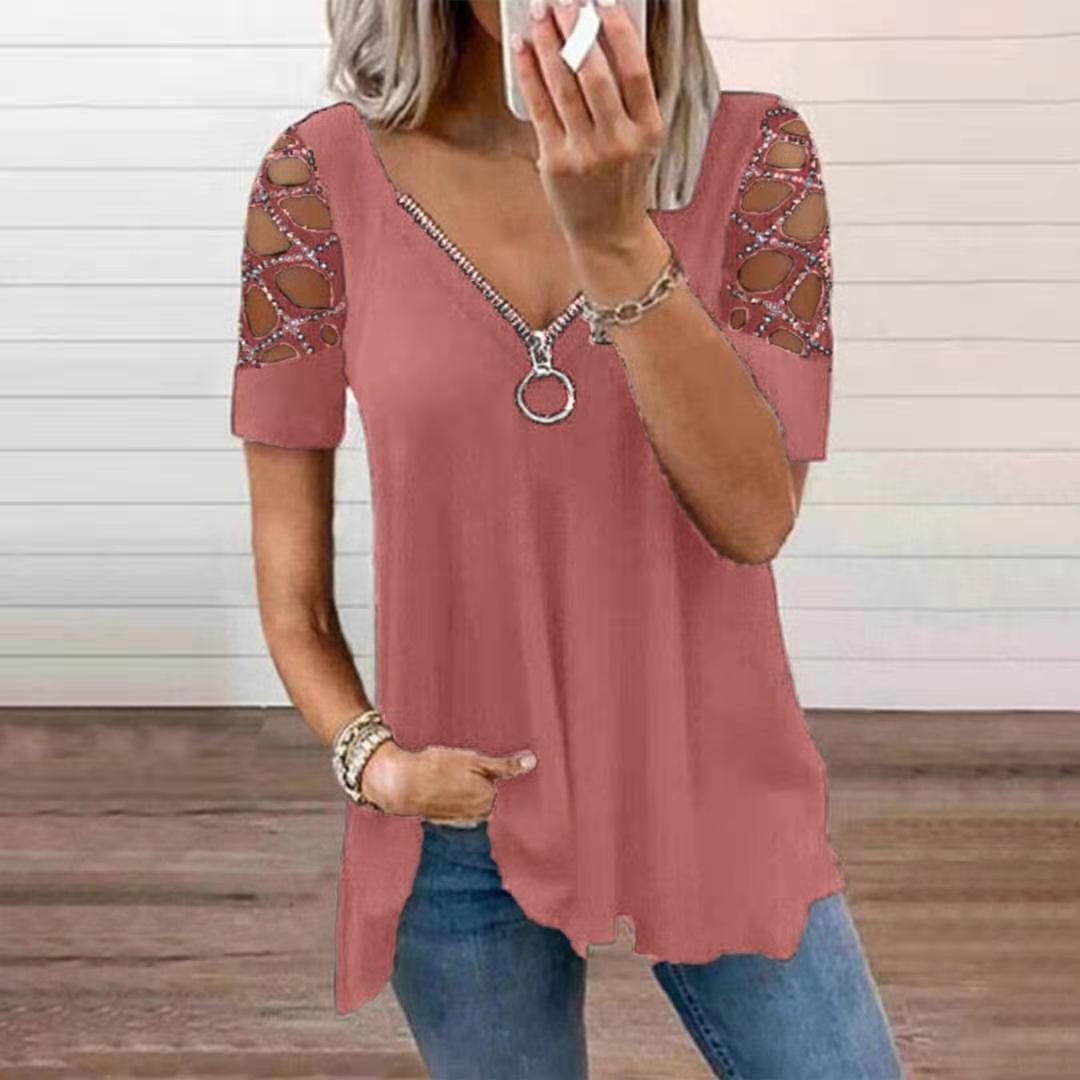 V-Neck Hollow-Out Short Sleeve Rhinestone Top