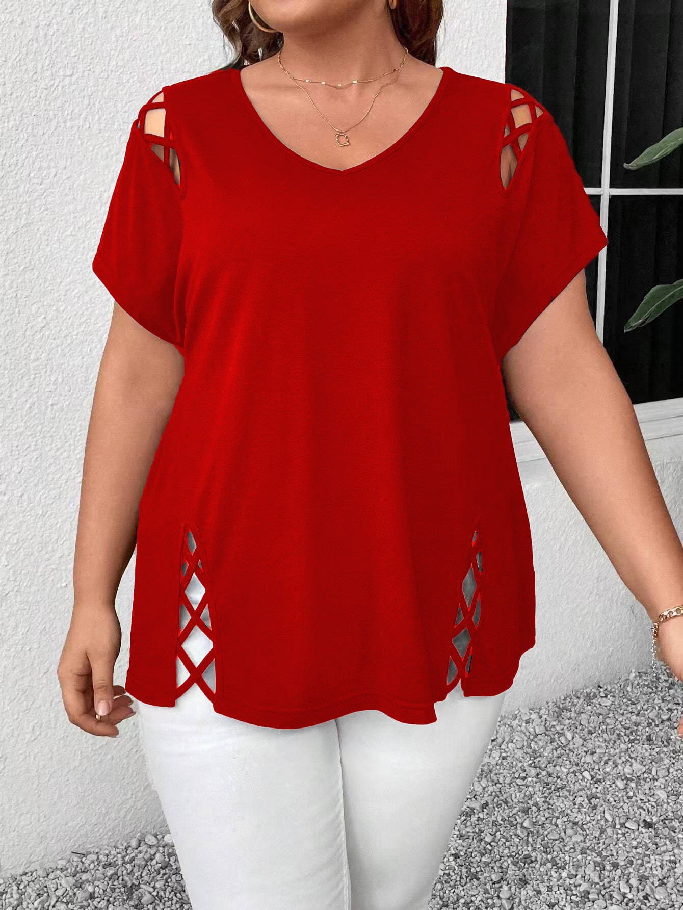 Plus Size V-Neck Cross-Strap Short Sleeve T-Shirt