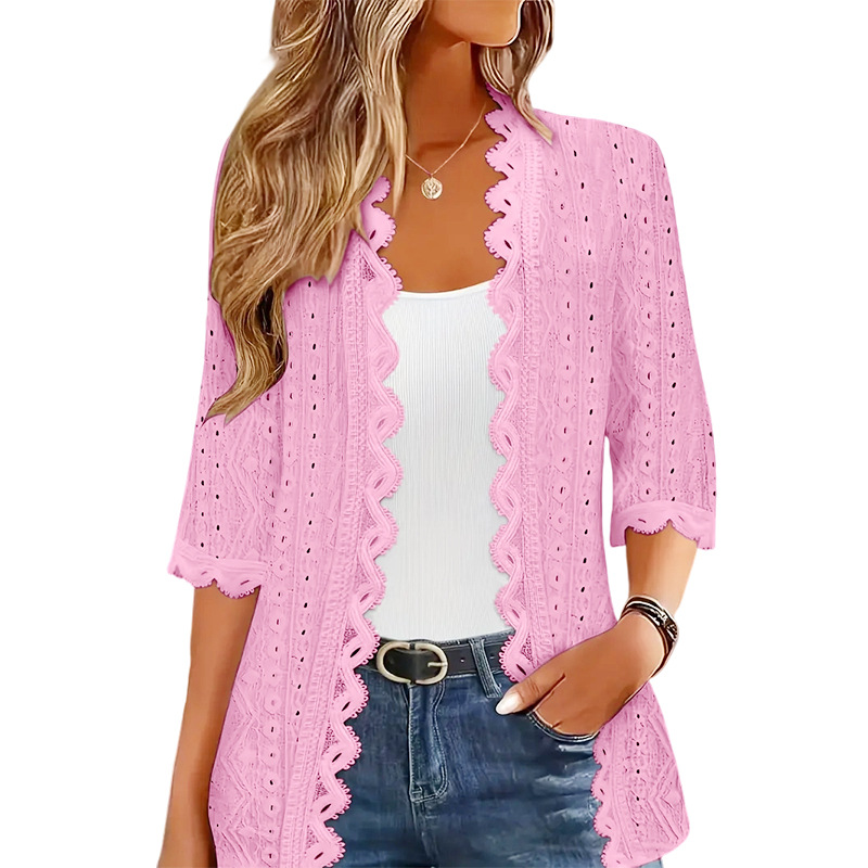 Women's Open-Front Cardigan with Hollow-Out Lace Splicing and Slim Fit Mid-Sleeve