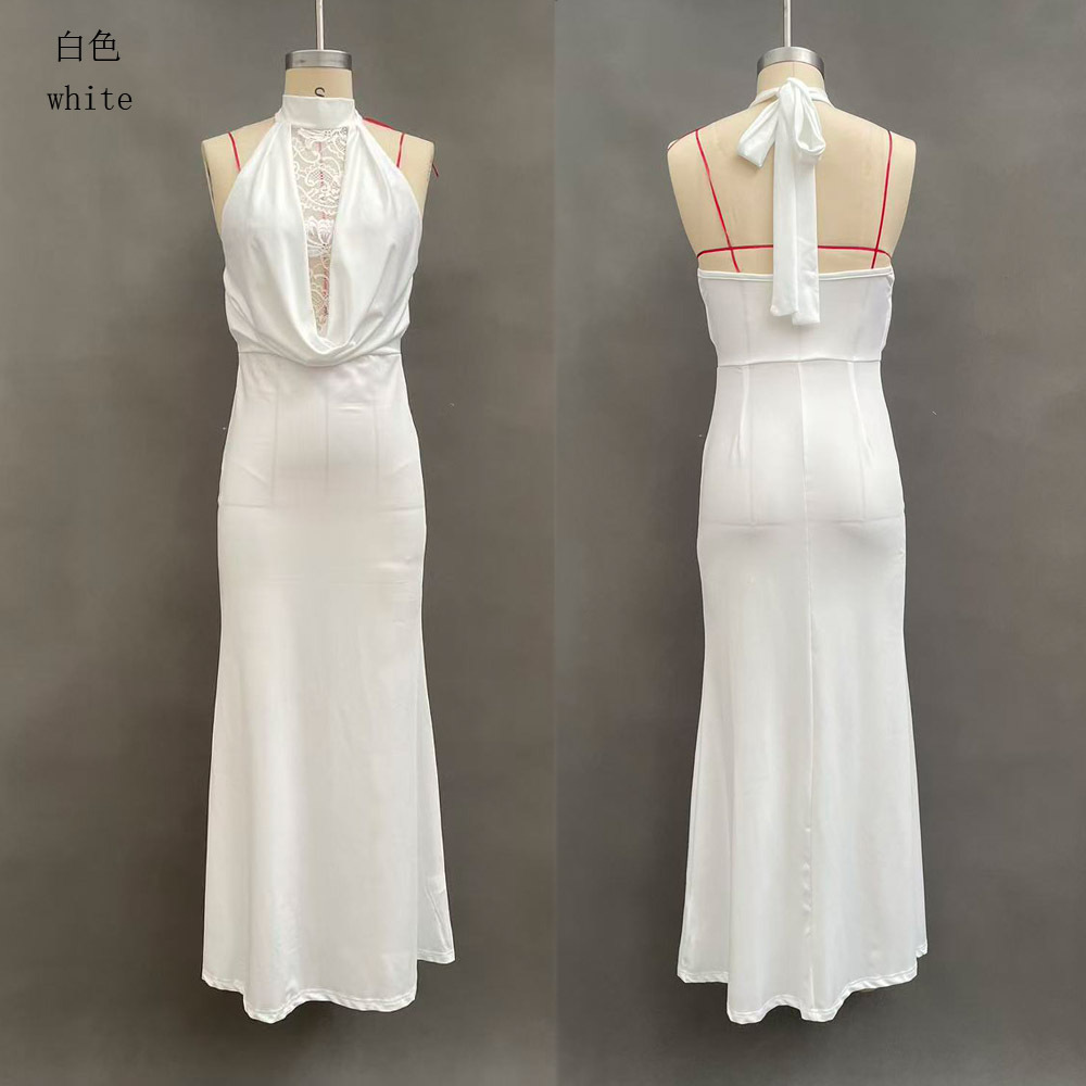 French Lace Spliced Cutout Backless Slit Halter Dress
