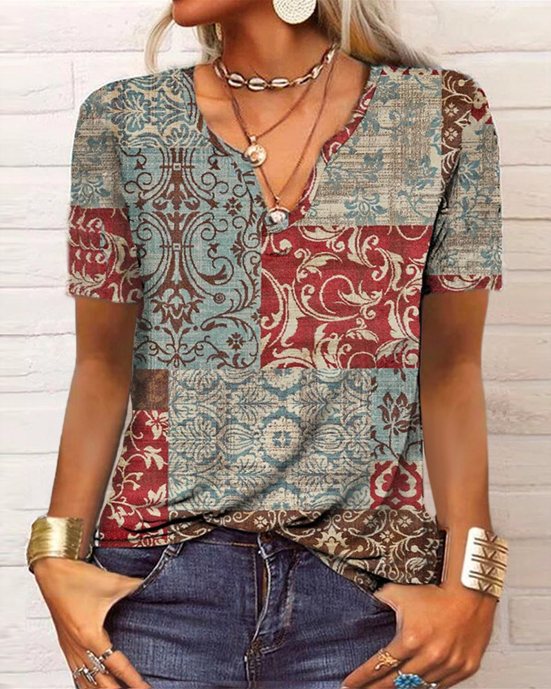 Women's Loose V-Neck Floral Print Short-Sleeve T-Shirt