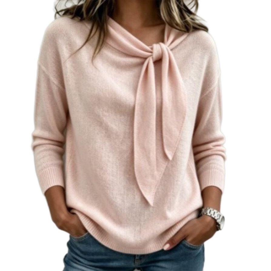 Women's Bow-Tie Neck Knit Long-Sleeve Top Solid Color Loose Casual Tee