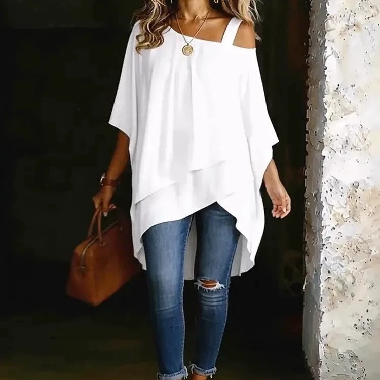 Asymmetric One-Shoulder Solid Color Top Draped Lazy Style Off-Shoulder Women's T-Shirt