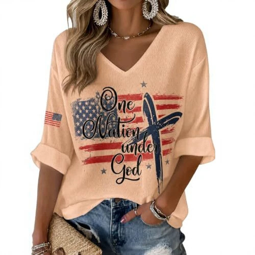 American Flag Letter Print V-Neck Half-Sleeve T-Shirt for Women
