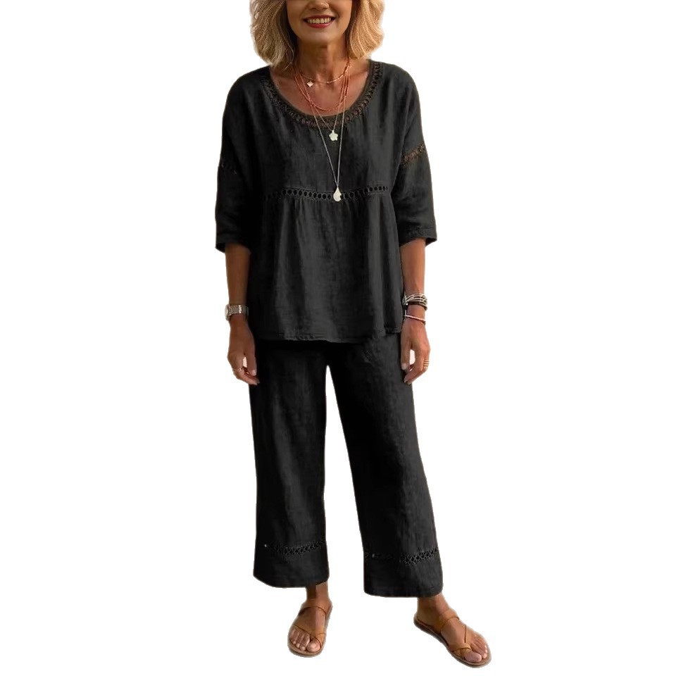 Women's Faux Denim Two-Piece Set – Relaxed Crewneck Lace-Trim Top & Pants