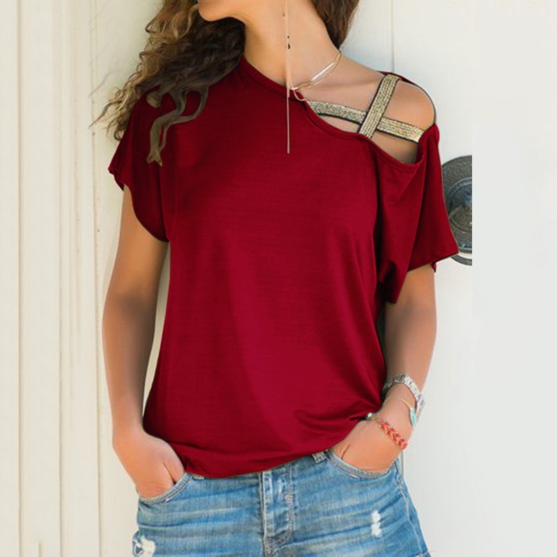 Women's Casual One-Shoulder Cross Irregular Short Sleeve T-Shirt