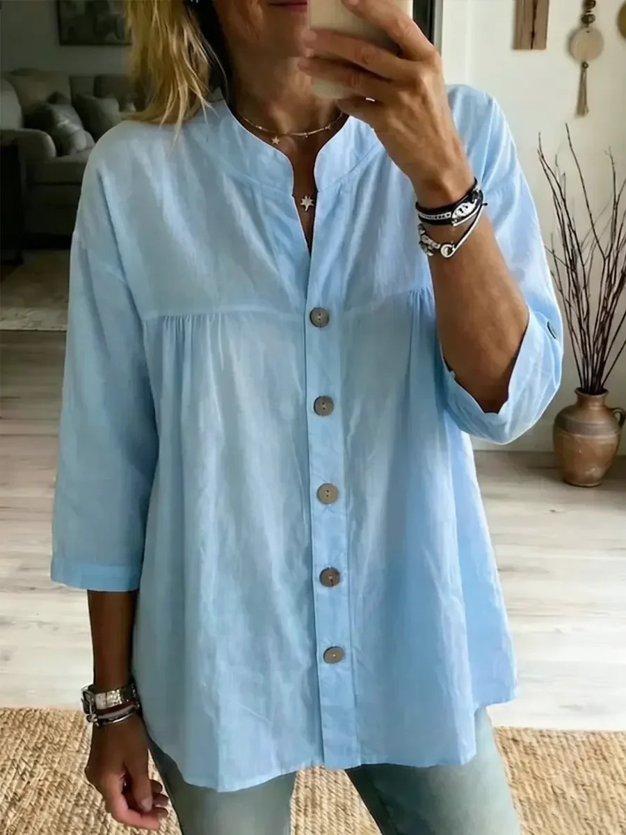 Women's Cotton-Linen Shirt Casual Vintage Solid Color 3/4 Sleeve Top