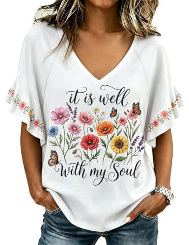 Floral Book Print V-Neck Short Sleeve Women's T-Shirt