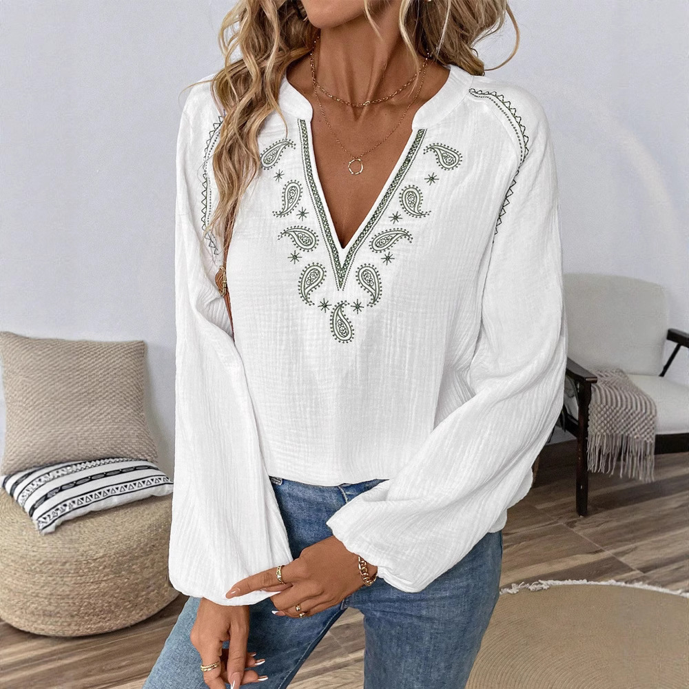 Women's Loose V-Neck Long Sleeve Embroidered Shirt Top