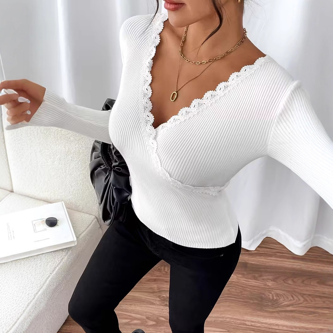 Women's V-Neck Lace Trim Long Sleeve Knit Top